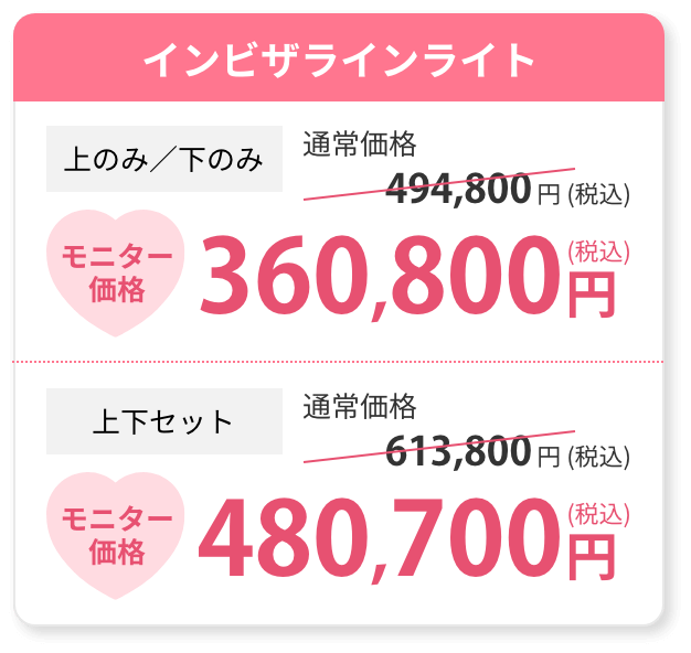 インビザラインライト/上のみ下のみ 通常価格494,800円（税込） モニター価格360,800円（税込）/
										上下セット 通常価格613,800円（税込　モニター価格480,700円(税込)）