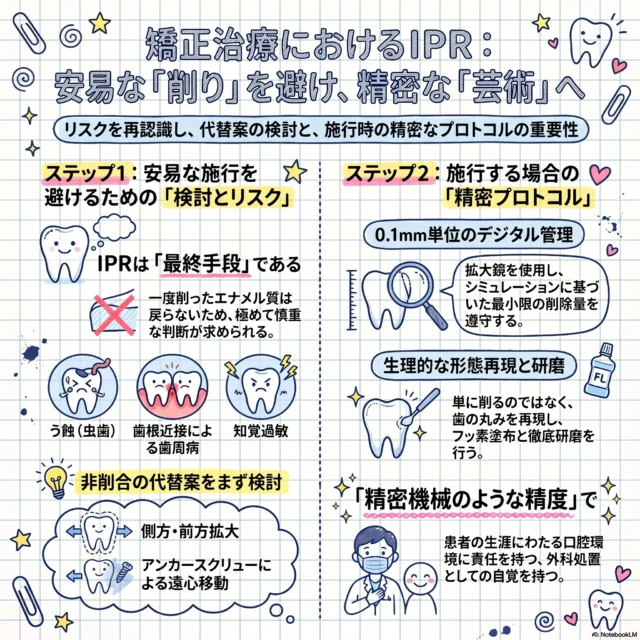 🦷【IPRって何？】
矯正治療の説明で
「少し歯を削りますね」
と言われたことはありませんか？

これはIPR（Interproximal Reduction）と呼ばれ、歯と歯の間のエナメル質をわずかに削り、歯を並べるためのスペースを作る処置です。
マウスピース矯正でもワイヤー矯正でも行われることがあります。

💡なぜIPRをするの？
例えば、
✅ 歯がガタガタしている
✅ 前歯を少し下げたい
✅ ブラックトライアングルを改善したい
このような場合に、抜歯を避けたり、より理想的な歯並びを作るために行われます。

⚠️ただし、IPRは「削る処置」です
エナメル質は一度削ると元には戻りません。
そのため、
・虫歯リスク
・知覚過敏
・歯周組織への影響
などを考慮しながら慎重に判断する必要があります。
私はIPRを否定しているわけではありません。
むしろ矯正治療において非常に有効な手段の一つです。
ただし、
「とりあえず削る」
ではなく、
「本当に必要か？」
を先に考えるべきだと思っています。

✨当院の考え方
まずは
✅ 歯列の拡大
✅ 前方移動
✅ アンカースクリューの活用
など、
削らずに解決できる方法を検討します。
その上でIPRが必要と判断した場合は、
0.1mm単位で管理しながら最小限の削除量に留めます。

「たかが削り、されど削り。」
IPRは簡単な処置に見えますが、
患者さんの歯を一生守るという視点では、とても責任の重い処置です。
だからこそ私は、
"削る技術"よりも"削らない判断"を大切にしています。
📍A CLINIC デンタル 院長 菅野